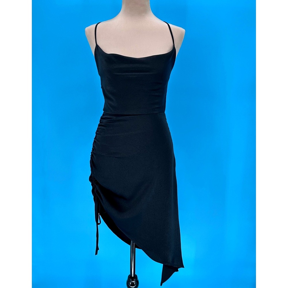 Fiestar Black Cowl Neck Open Back Asymmetrical Ruched Midi Dress FS22F199 Small